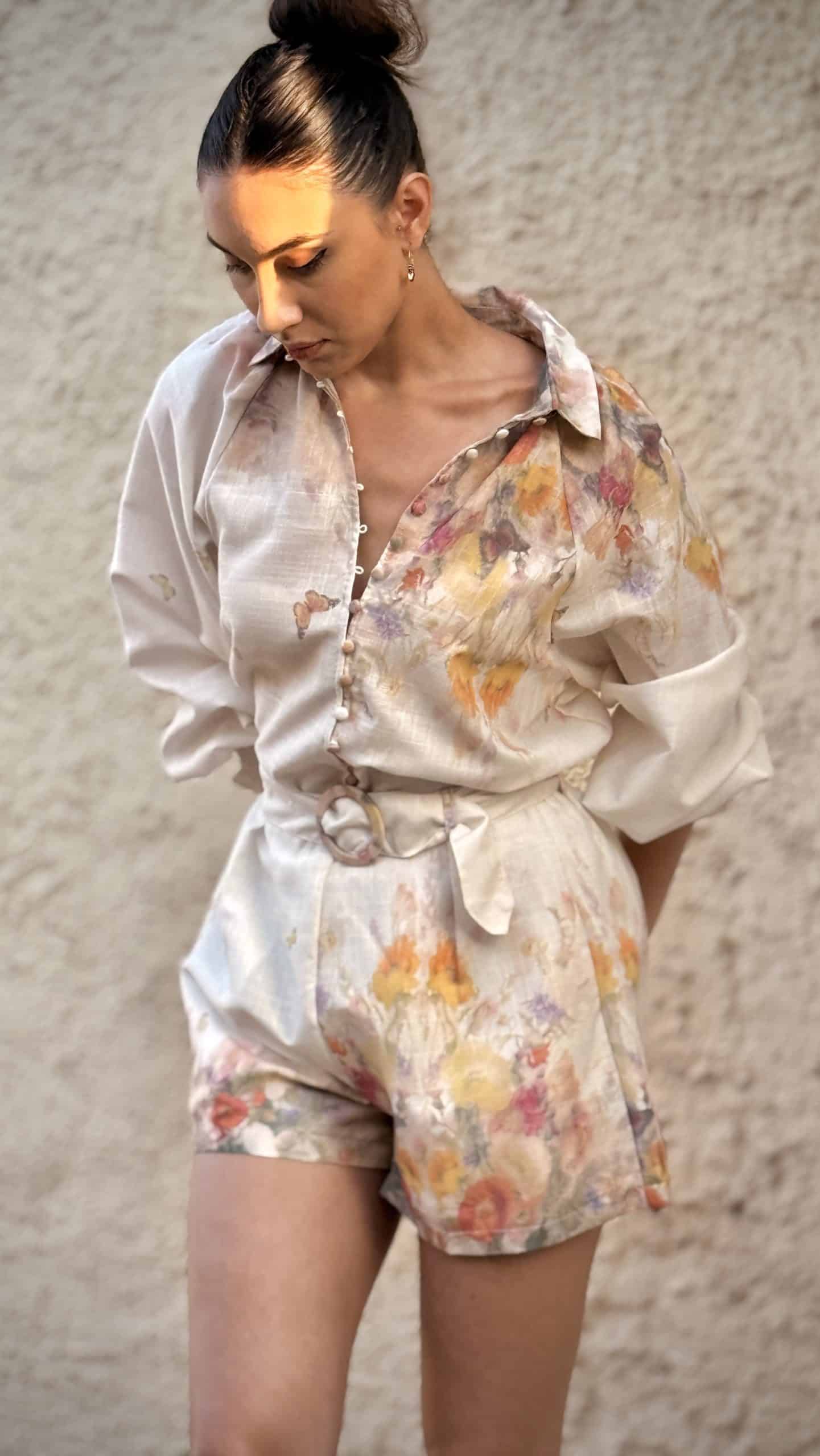 Ensemble short chemisier femme en lin coton imprimé fleuri TPGK