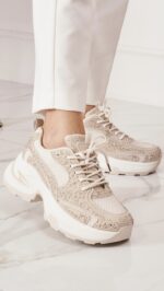Baskets femme beige à strass – Style sport chic TPGK