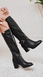 Bottes cavalière femme noires talon bloc avec boucle dorée – TPGK