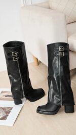 bottes zip noires femme avec talon carré et double boucle