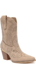 Bottines santiags femme beige en suédine avec strass – style western chic