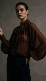 Chemisier femme marron choco plissé à col lavallière – Collection TPGK automne hiver