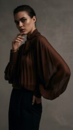 Chemisier femme marron choco plissé à col lavallière – Collection TPGK automne hiver