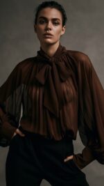 Chemisier femme marron choco plissé à col lavallière – Collection TPGK automne hiver