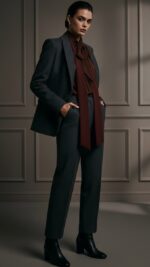 Chemisier femme marron choco plissé à col lavallière – Collection TPGK automne hiver