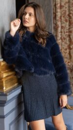 Veste courte en fausse fourrure bleu marine pour femme, élégante et chaude pour l’automne hiver