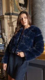 Veste courte en fausse fourrure bleu marine pour femme, élégante et chaude pour l’automne hiver