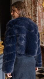 Veste courte en fausse fourrure bleu marine pour femme, élégante et chaude pour l’automne hiver
