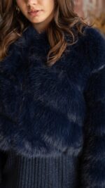 Veste courte en fausse fourrure bleu marine pour femme, élégante et chaude pour l’automne hiver