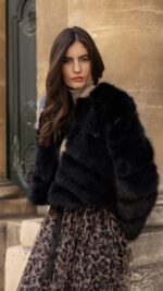 Veste courte en fausse fourrure noire pour femme, élégante et chaude pour l’automne hiver