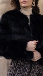 Veste courte en fausse fourrure noire pour femme, élégante et chaude pour l’automne hiver