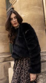 Veste courte en fausse fourrure noire pour femme, élégante et chaude pour l’automne hiver