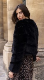 Veste courte en fausse fourrure noire pour femme, élégante et chaude pour l’automne hiver