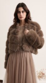 Veste courte en fausse fourrure taupe foncé pour femme – automne hiver