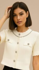 Gilet maille écru femme chic à boutons strass – Collection Automne Hiver TPGK