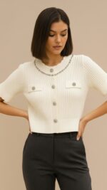 Gilet maille écru femme chic à boutons strass – Collection Automne Hiver TPGK