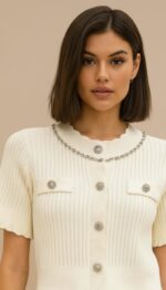 Gilet maille écru femme chic à boutons strass – Collection Automne Hiver TPGK