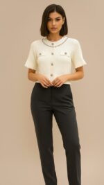 Gilet maille écru femme chic à boutons strass – Collection Automne Hiver TPGK