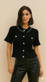 Gilet maille noir femme chic avec boutons strass – TPGK Collection automne hiver