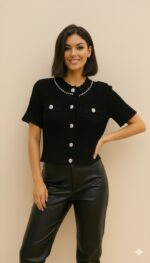 Gilet maille noir femme chic avec boutons strass – TPGK Collection automne hiver