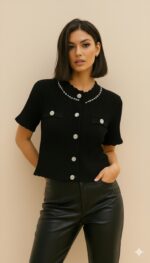 Gilet maille noir femme chic avec boutons strass – TPGK Collection automne hiver