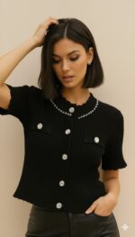 Gilet maille noir femme chic avec boutons strass – TPGK Collection automne hiver