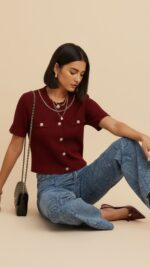 Gilet maille bordeaux femme chic avec boutons strass – TPGK Collection automne hiver