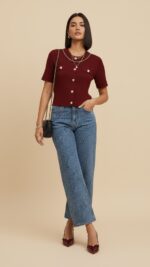 Gilet maille bordeaux femme chic avec boutons strass – TPGK Collection automne hiver