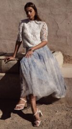 Jupe longue en tulle bleu clair pour femme – automne hiver