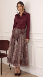 Jupe longue en tulle bordeaux pour femme – automne hiver