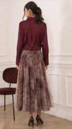 Jupe longue en tulle bordeaux pour femme – automne hiver