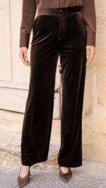 Pantalon femme en velours marron choco coupe tailleur – Collection TPGK