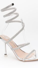 Sandales femme argentées à talons spirales strass – Collection TPGK