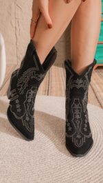 Bottines santiags femme noires en suédine avec strass – TPGK