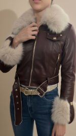 Veste en simili cuir bordeaux avec col fausse fourrure pour femme – automne hiver