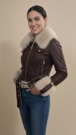 Veste en simili cuir bordeaux avec col fausse fourrure pour femme – automne hiver