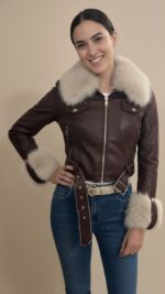 Veste en simili cuir bordeaux avec col fausse fourrure pour femme – automne hiver