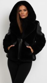 Veste en simili cuir et fausse fourrure noire pour femme – chic et chaude