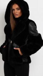 Veste en simili cuir et fausse fourrure noire pour femme – chic et chaude