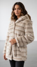 Veste courte en fausse fourrure écrue beige avec capuche pour femme – automne hiver