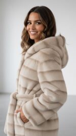 Veste courte en fausse fourrure écrue beige avec capuche pour femme – automne hiver