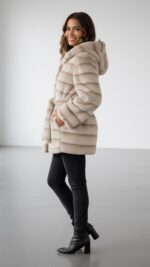 Veste courte en fausse fourrure écrue beige avec capuche pour femme – automne hiver