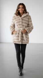 Veste courte en fausse fourrure écrue beige avec capuche pour femme – automne hiver