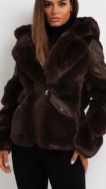 Veste en simili cuir et fausse fourrure marron pour femme – chic et chaude