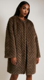 Veste longue en fausse fourrure marron choco pour femme – automne hiver