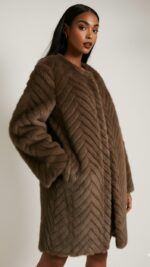 Veste longue en fausse fourrure marron choco pour femme – automne hiver