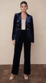 Veste tailleur femme en velours bleu marine chic à boutons dorés – Collection TPGK