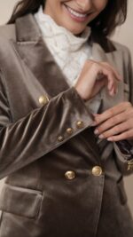Veste tailleur femme en velours taupe chic à boutons dorés – Collection TPGK