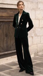 Veste tailleur femme en velours vert chic à boutons dorés – Collection TPGK