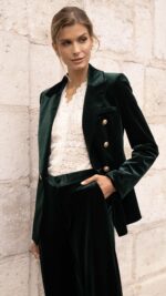 Veste tailleur femme en velours vert chic à boutons dorés – Collection TPGK